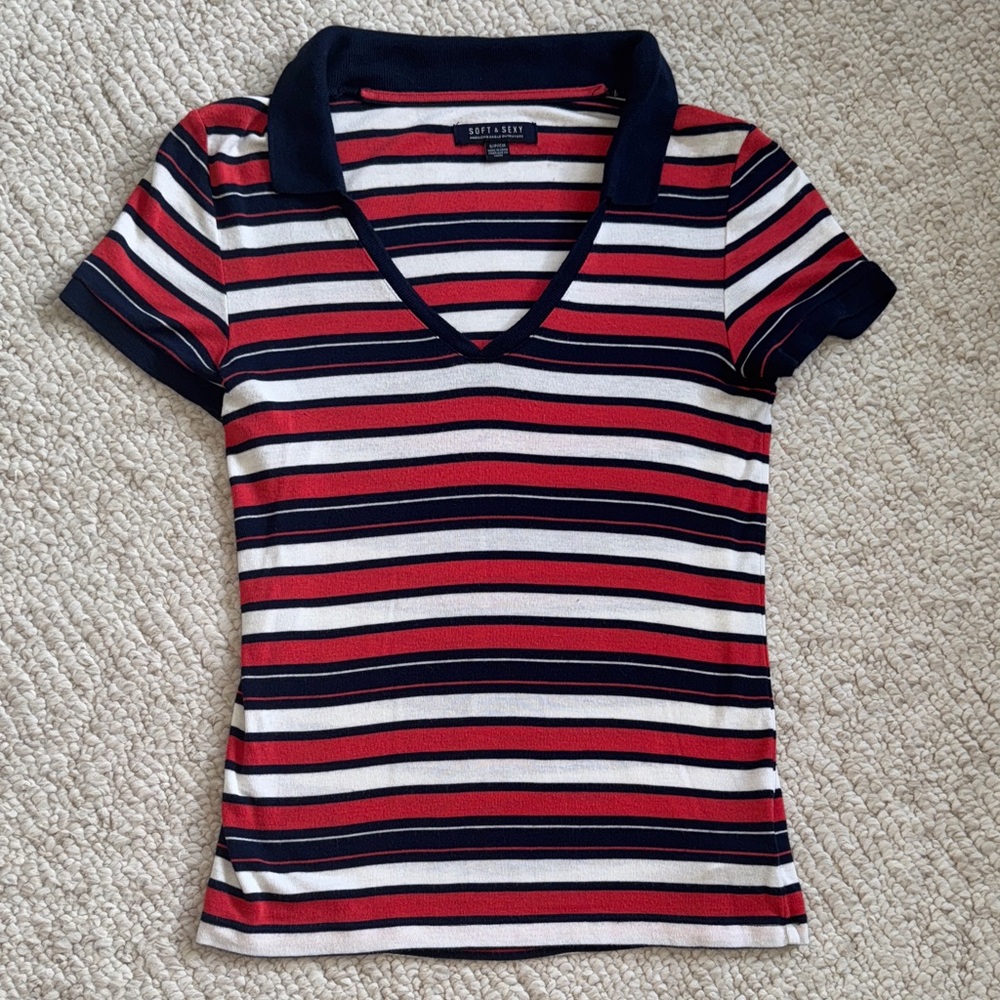 American Eagle Outfitters Red and Navy Striped V-Neck Tee
